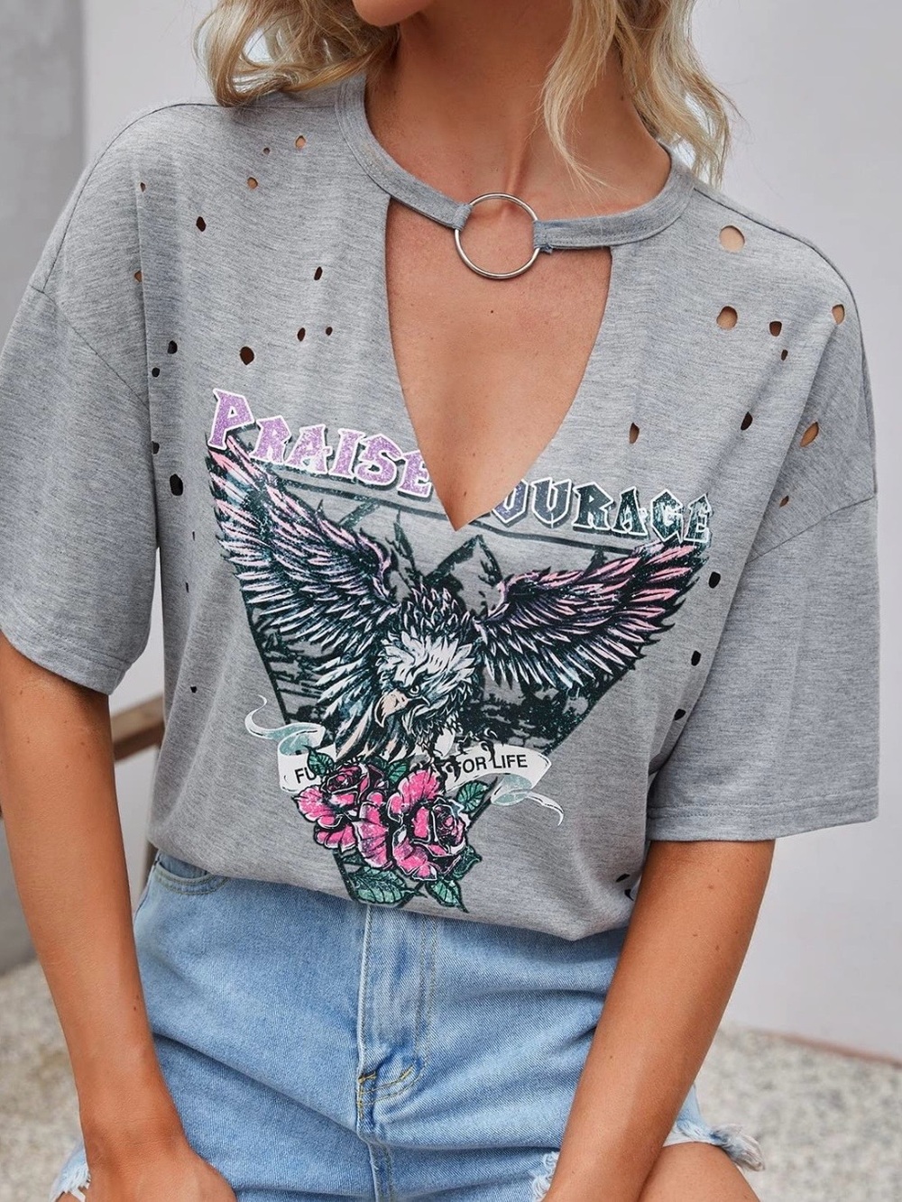 SHEIN Grey Distressed Eagle Graphic Tee with Pink Floral Detail and O-Ring Neck